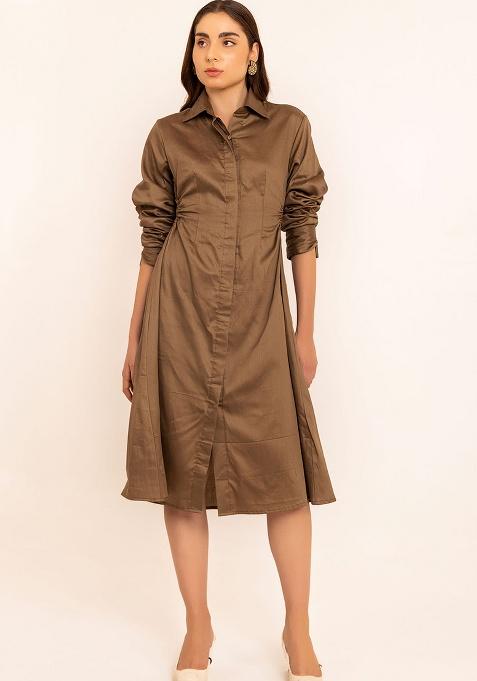 Khaki Green Motif Cotton Dress