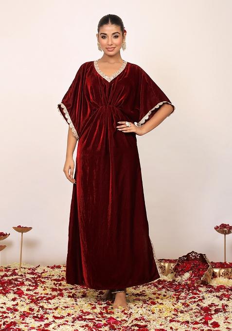 Maroon Motif Velvet Kaftan Set