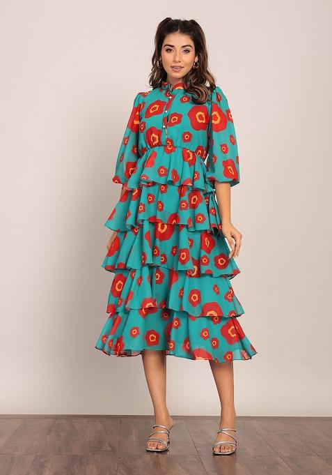 Sea Green And Red Motif Georgette Dress