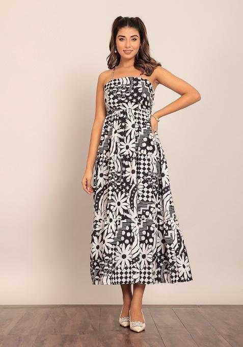 Black And White Motif Georgette Dress