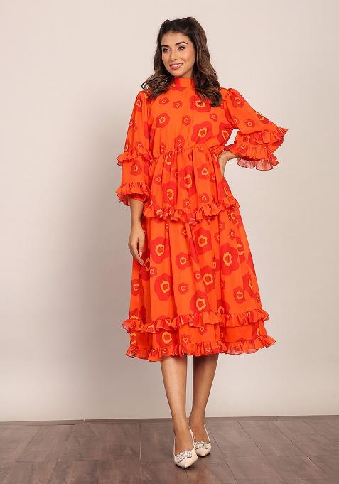 Orange And Red Motif Georgette Dress