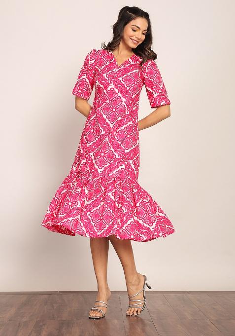 Pink And White Motif Cotton Dress