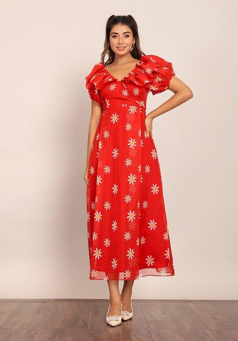 Red And White Motif Organza Dress