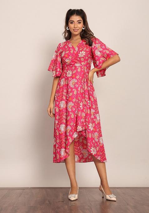 Pink And White Motif Cotton Dress