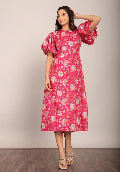 Pink And White Motif Cotton Dress
