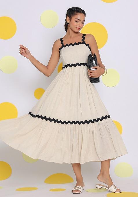 Off White Motif Linen Dress