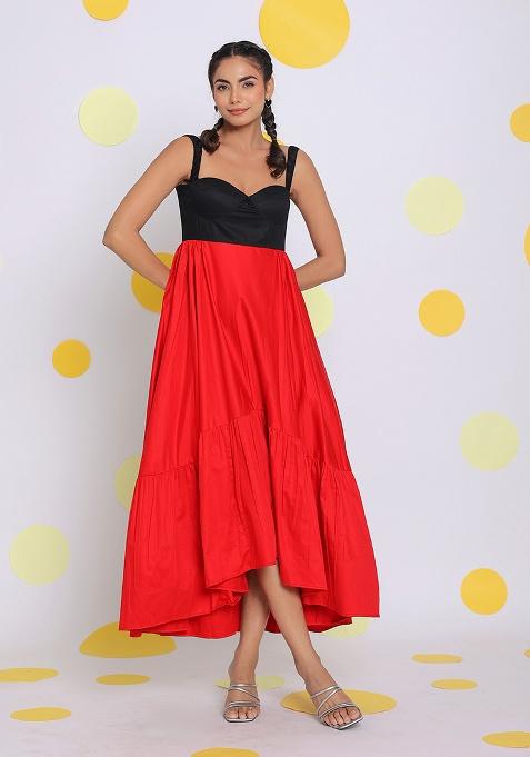 Black And Red Motif Cotton Dress