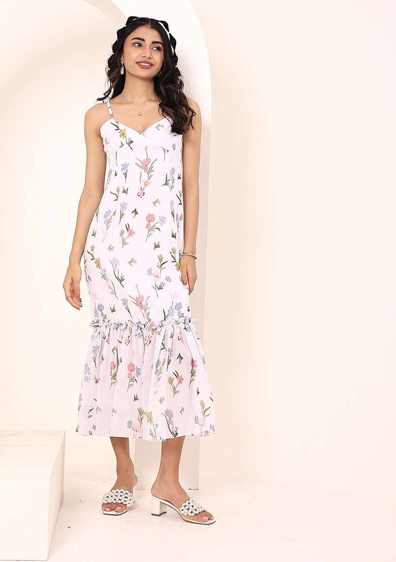 White Motif Georgette Dress - Indya