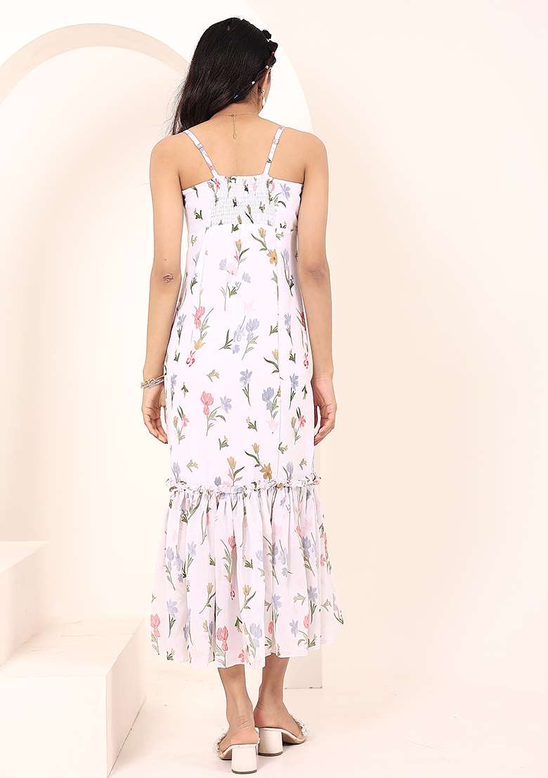 White Motif Georgette Dress - Indya