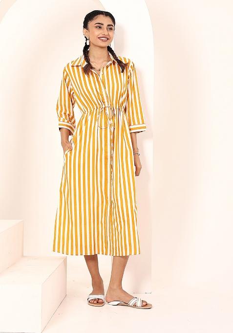 Yellow And White Motif Cotton Dress