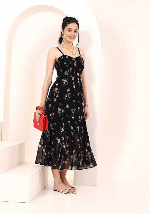 Black And Multi Motif Georgette Dress