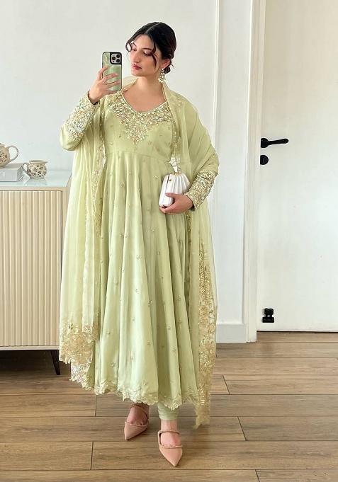 Mint Green Embroidered Georgette Gown