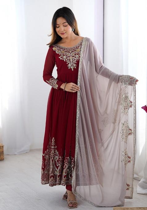 Maroon Embroidered Georgette Gown