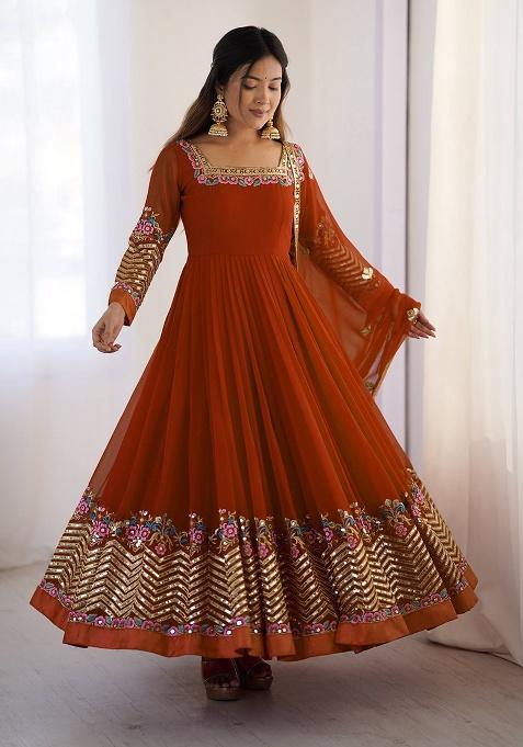 Rust Embroidered Georgette Gown