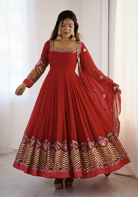 Red Embroidered Georgette Gown