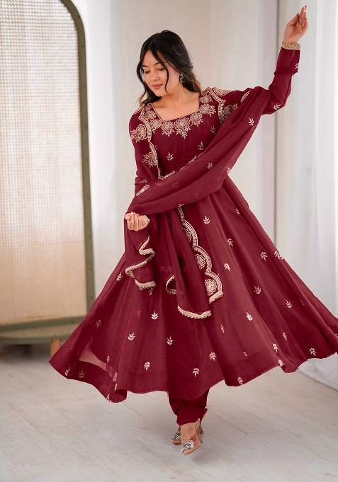 Maroon Embroidered Silk Gown