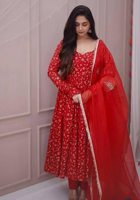 Red Embroidered Georgette Gown