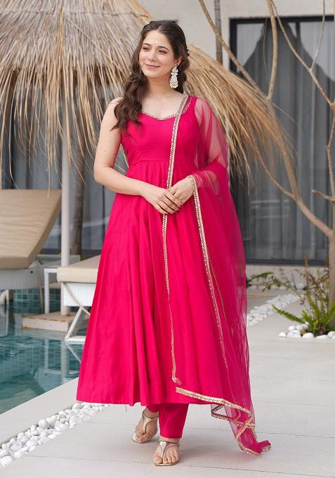 Rani Pink Mirror Lace Silk Gown