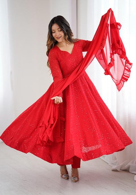 Red Embroidered Georgette Gown
