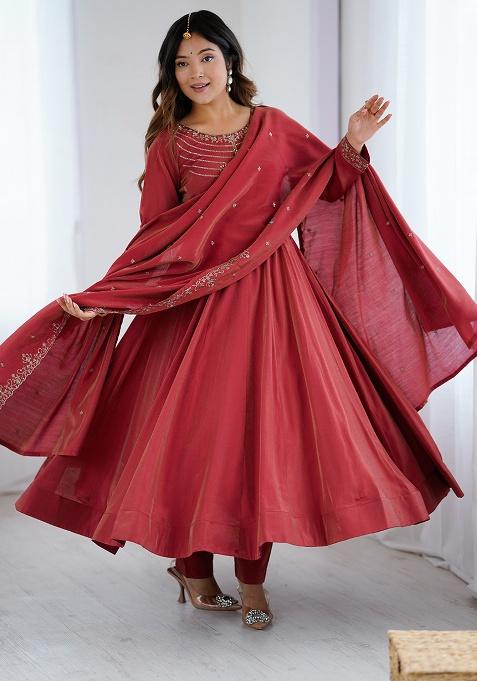 Maroon Embroidered Silk Gown