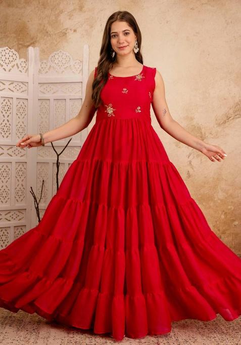 Red Embroidered Georgette Gown