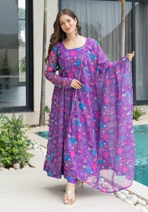 Purple Printed Organza Gown