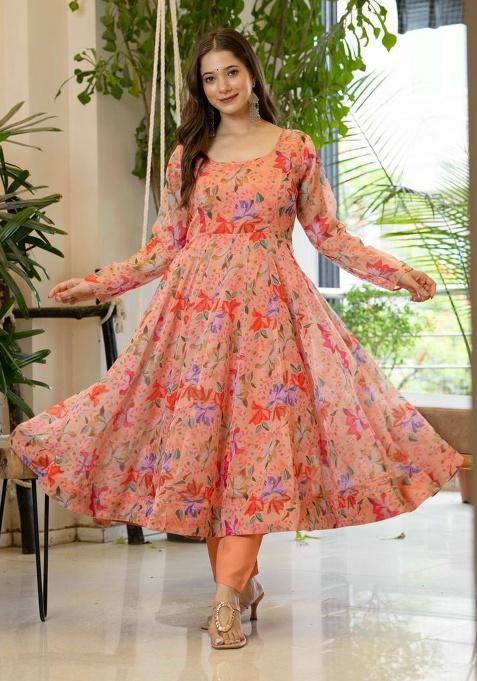 Orange Printed Organza Gown