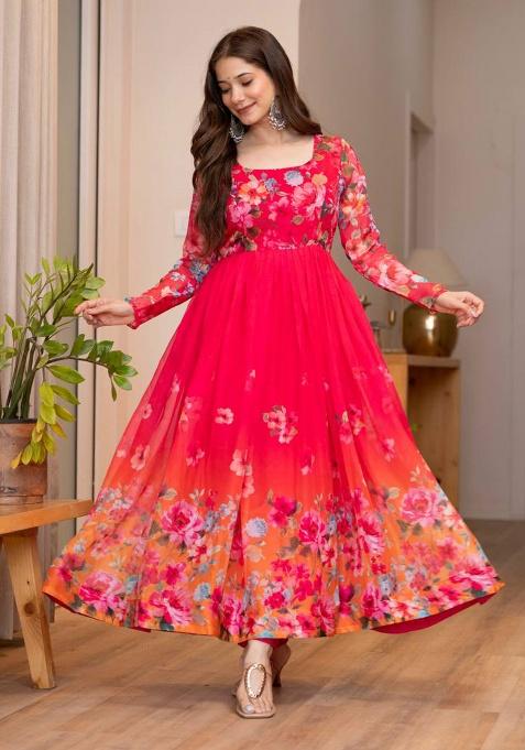 Rani Pink Printed Organza Gown