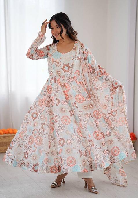 White Printed Organza Gown