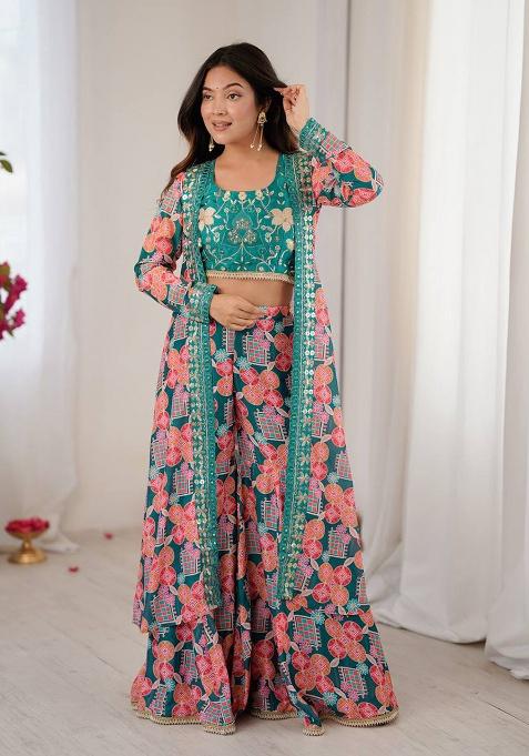 Teal Blue Printed Muslin Gown