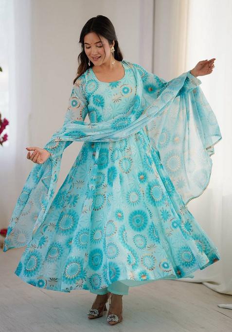 Sky Blue Printed Georgette Gown