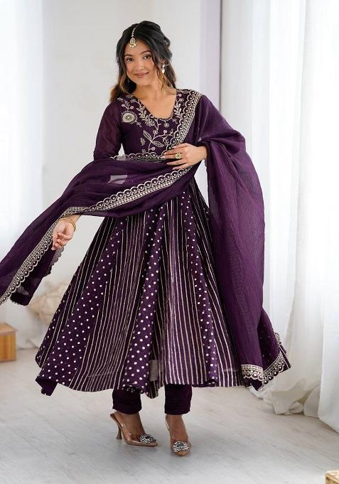 Purple Embroidered Silk Gown