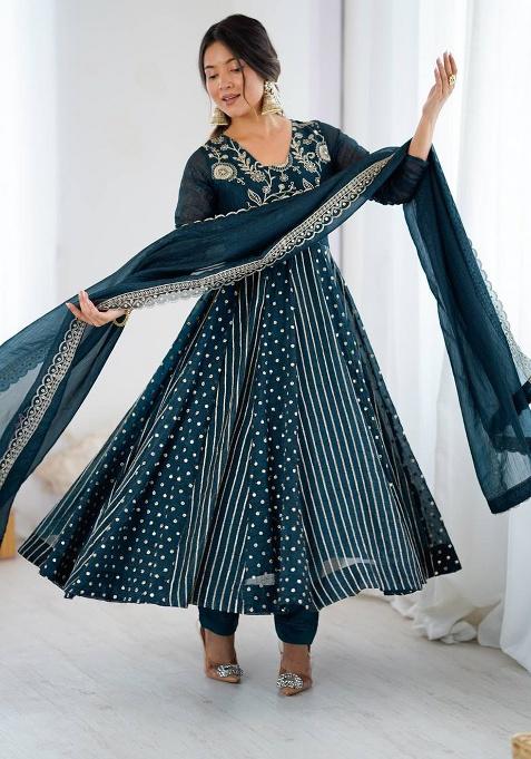 Teal Blue Embroidered Silk Gown