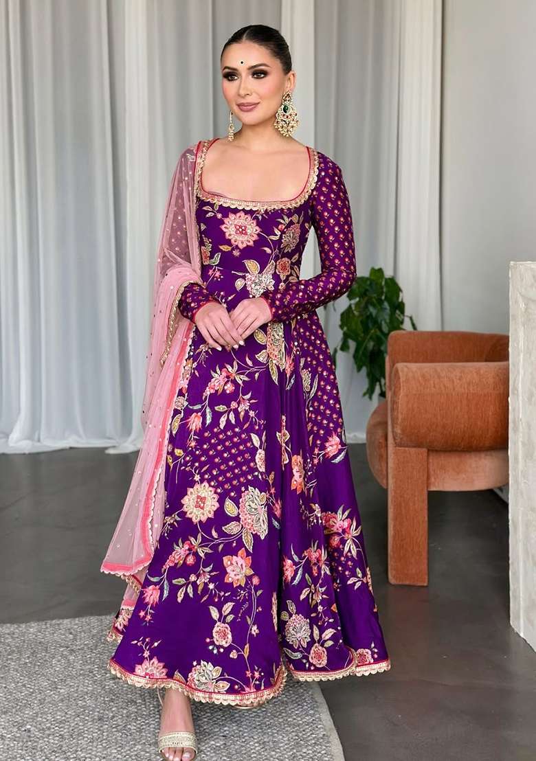 Purple Embroidered Chinon Gown - Indya