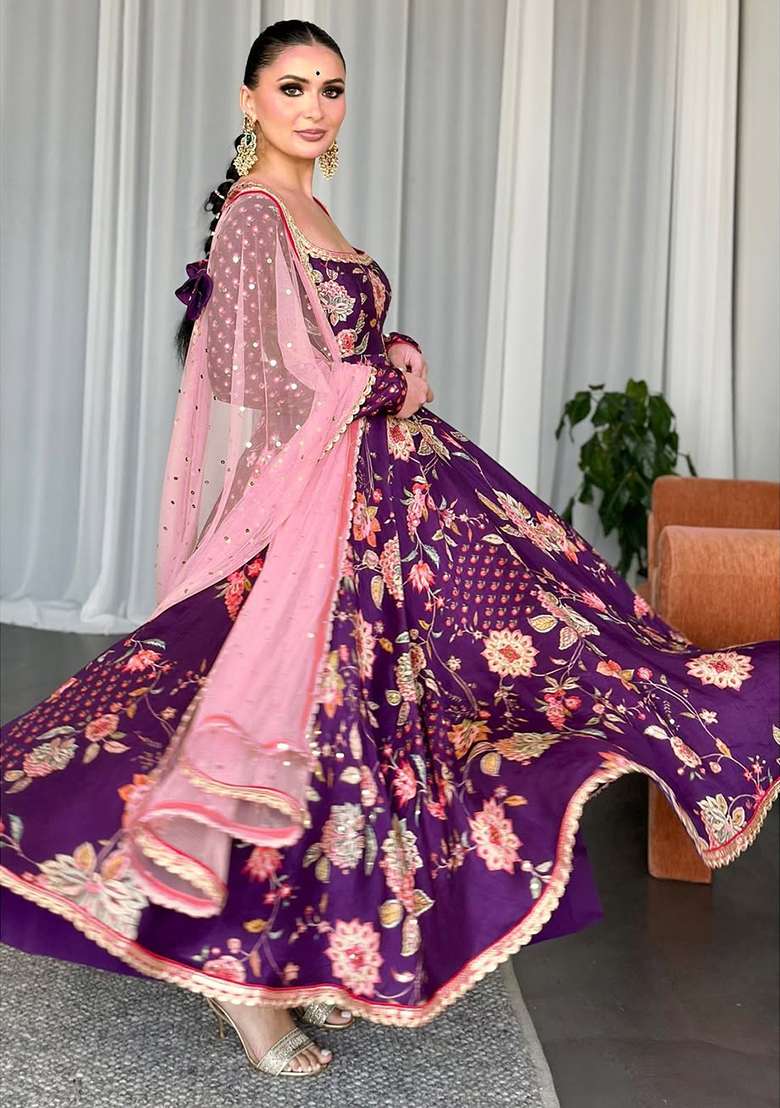 Purple Embroidered Chinon Gown - Indya