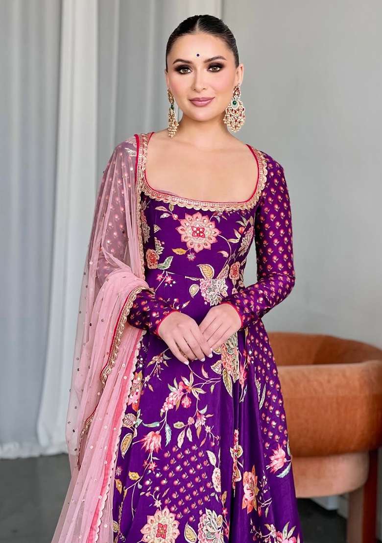 Purple Embroidered Chinon Gown - Indya