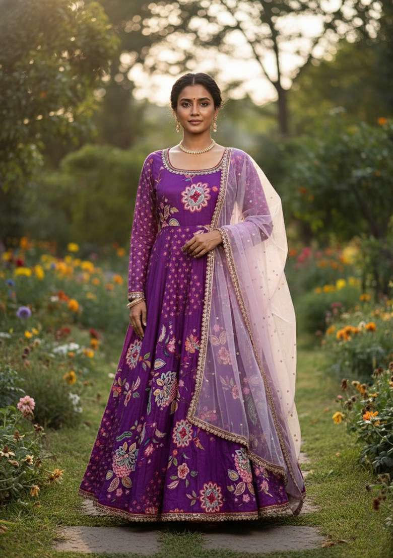 Purple Embroidered Chinon Gown - Indya