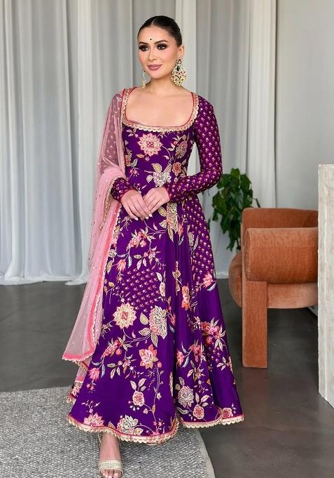 Purple Embroidered Chinon Gown