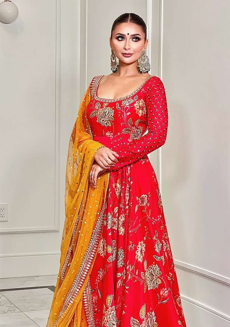 Red Embroidered Chinon Gown - Indya
