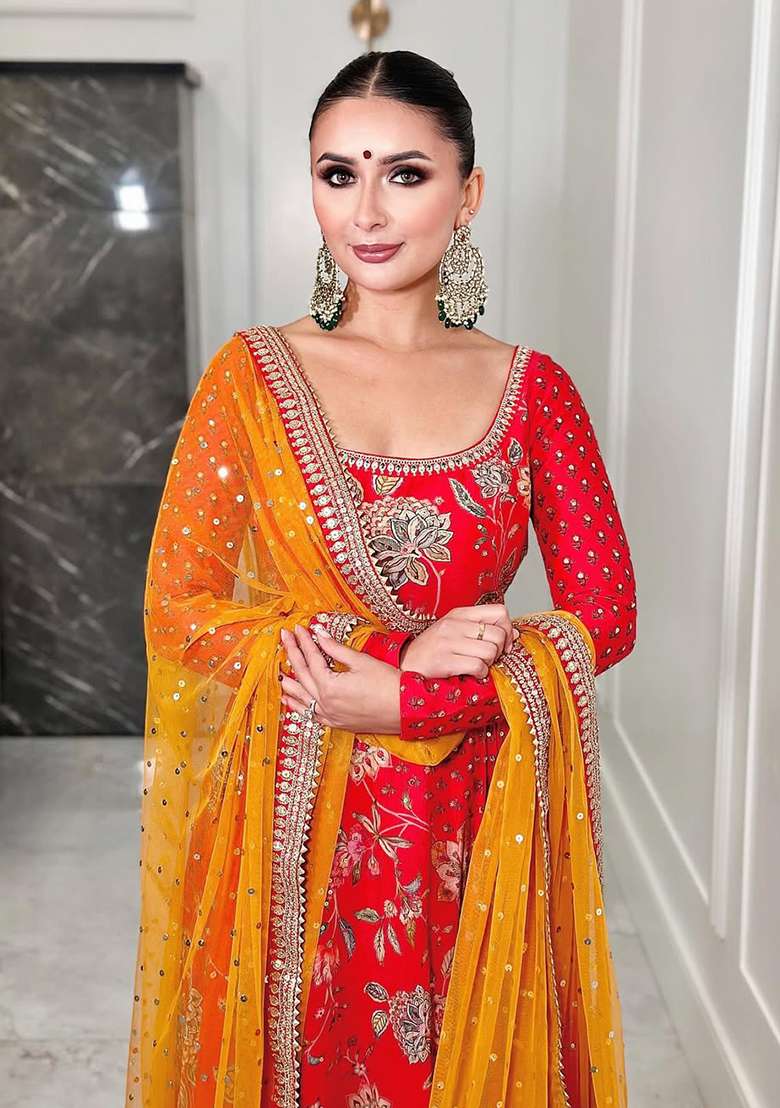Red Embroidered Chinon Gown - Indya