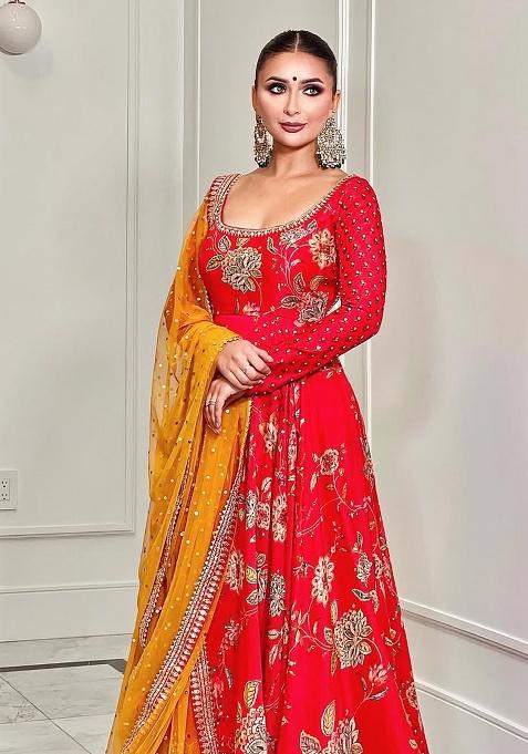 Red Embroidered Chinon Gown