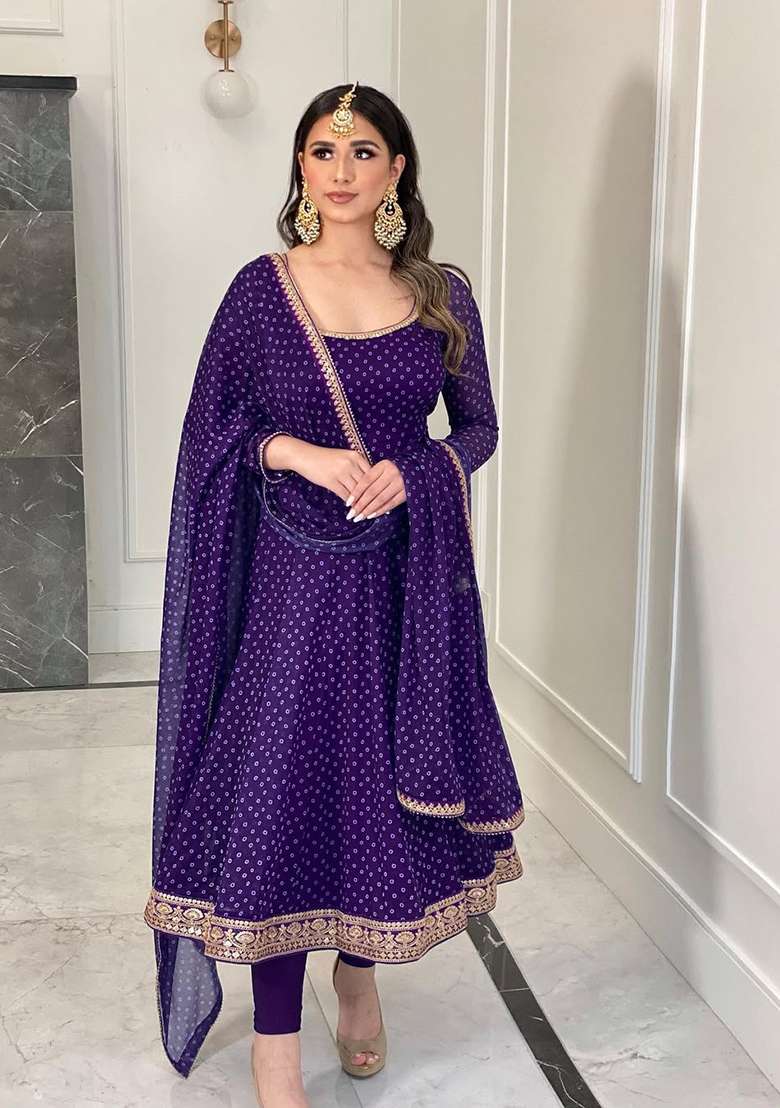 Purple Embroidered Georgette Gown - Indya