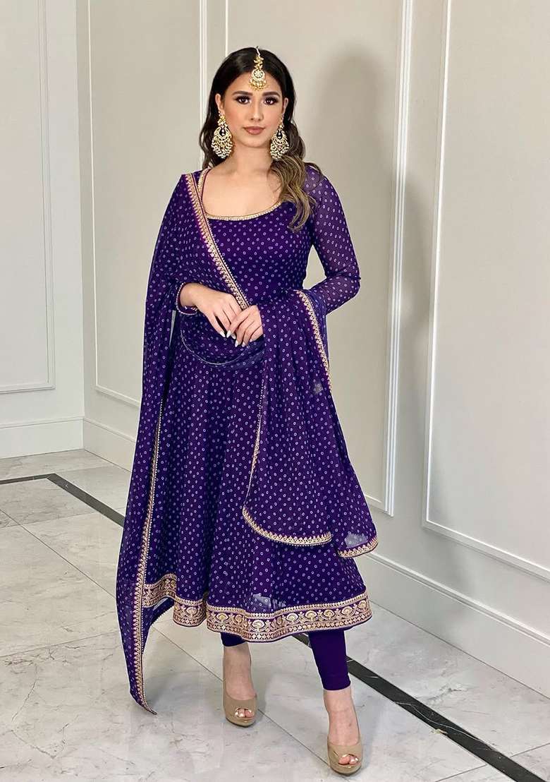 Purple Embroidered Georgette Gown - Indya