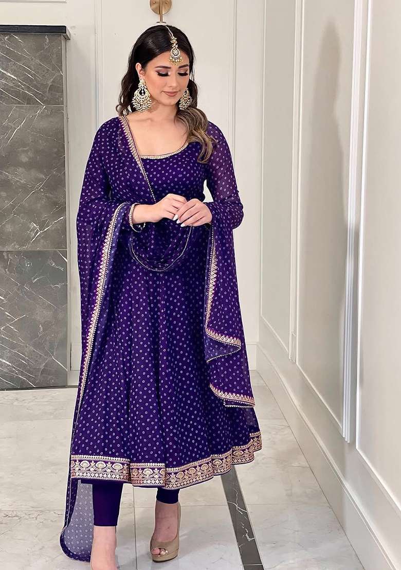 Purple Embroidered Georgette Gown - Indya