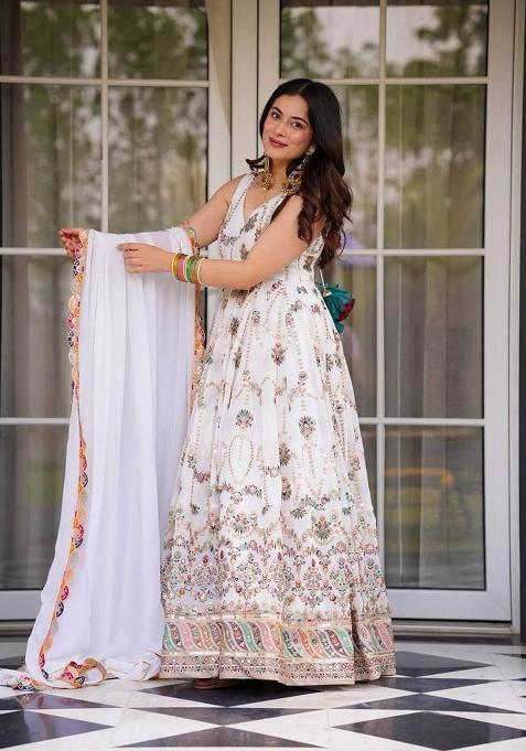 White Motif Georgette Gown