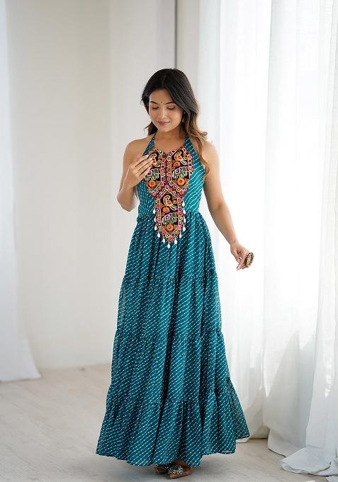Teal Motif Georgette Gown