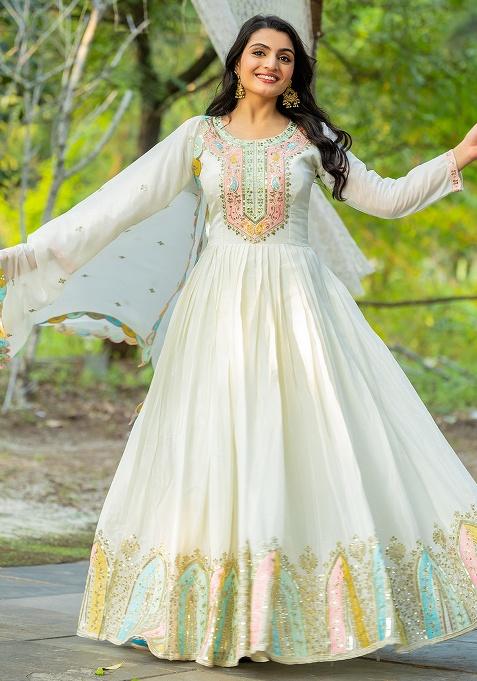 White Motif Silk Gown