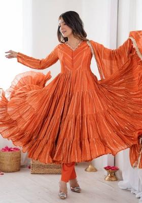 Orange Mirror Work Mal Chanderi Ruffle Gown