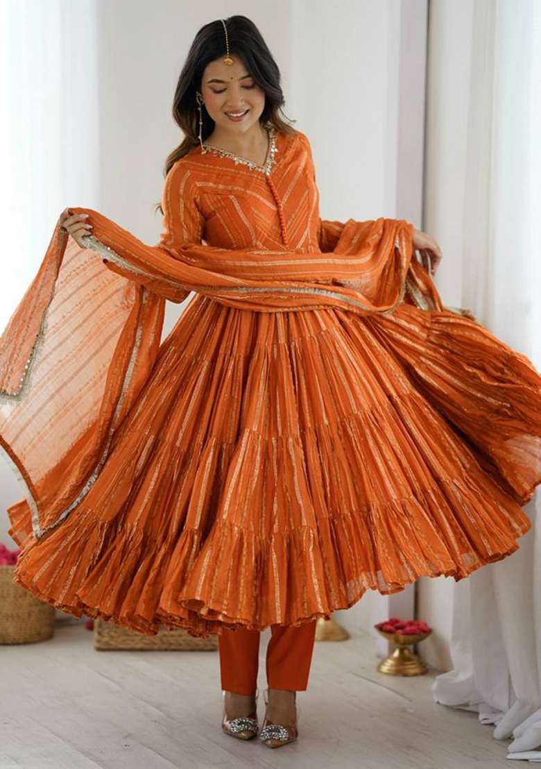Orange Striped Chanderi Anarkali Set - Indya