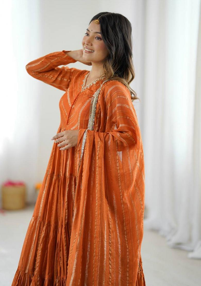 Orange Mirror Work Mal Chanderi Ruffle Gown - Indya